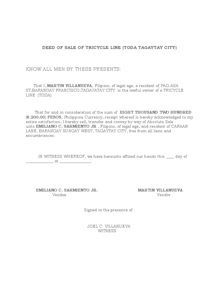 Deed of Sale of Tricycle Line