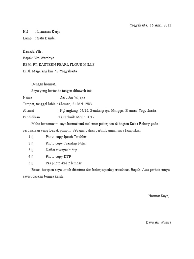 Contoh Surat Lamaran Pekerjaan Bapak Eko Wardoyo Rsm