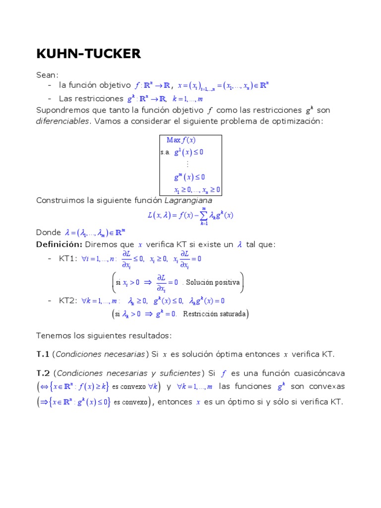 Kuhn Tucker Diferenciables Vamos A Considerar El Siguiente Problema De Optimizacion