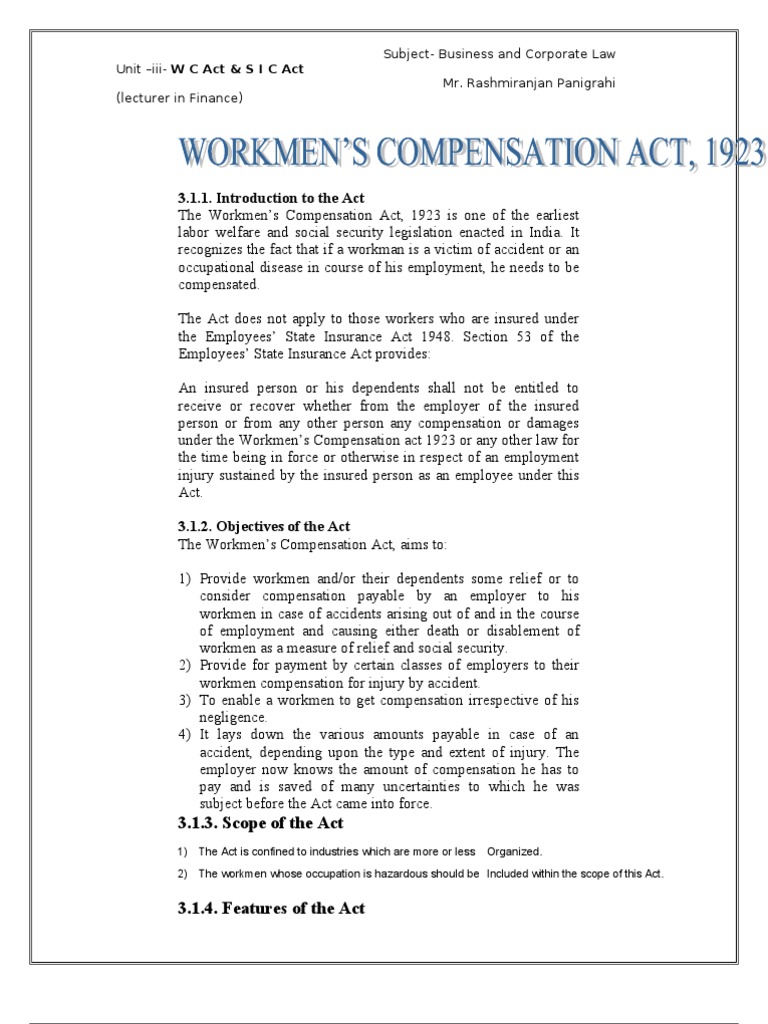 Workmen’s Compensation Act, 1923 Workers' Compensation Employment