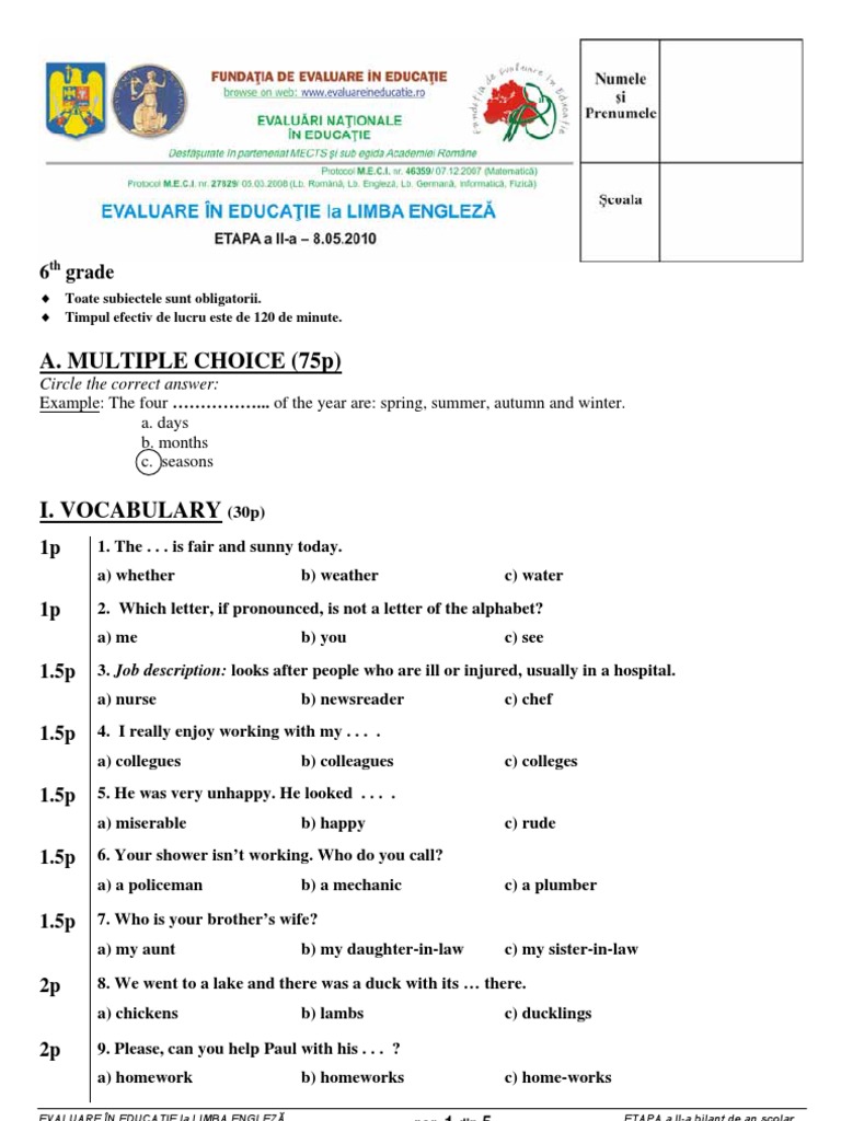 Subiecte Evaluare In Educatie Clasa A Vi A Pdf Leisure