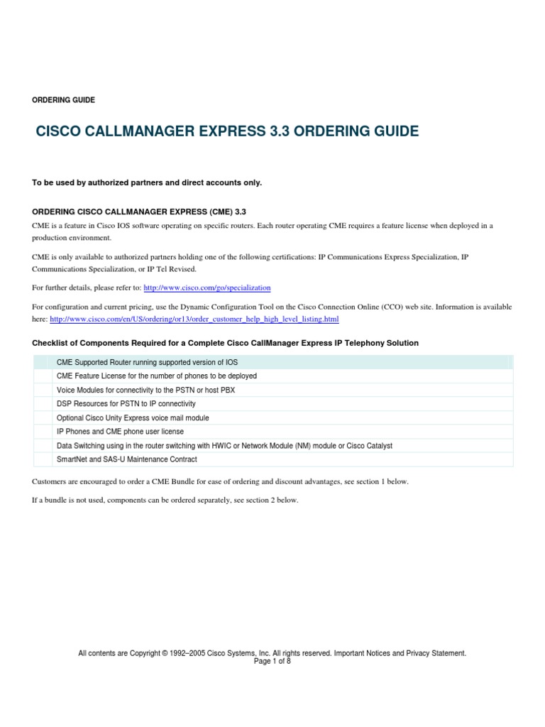 Cisco Callmanager Express 3.3 Ordering Guide: To Be Used by Authorized ...