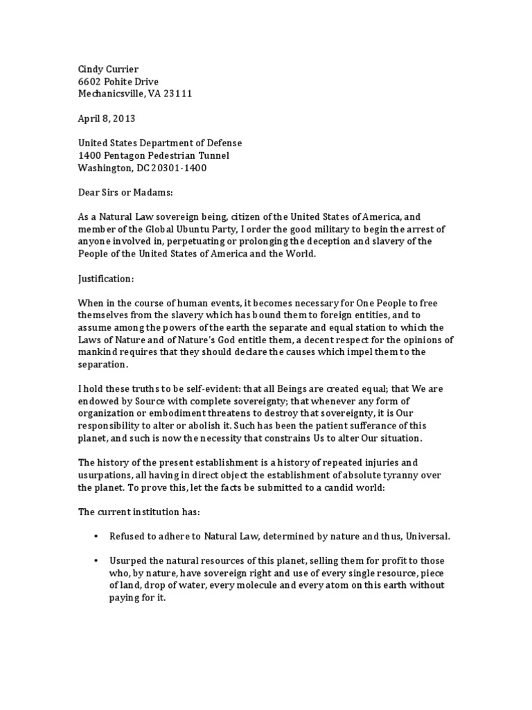 Letter to the Department of Defense Sovereignty Justice