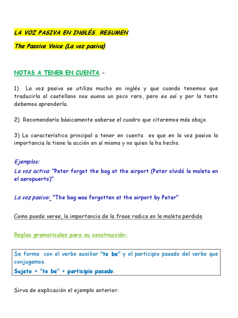 Ejemplos y reglas de voz pasiva en inglés | PDF | Verbo | Asunto ...