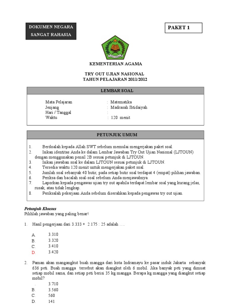 Soal Try Out Sd Mi Paket 1 Matematika 2012