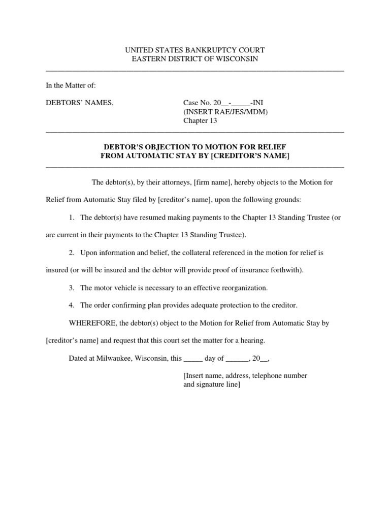 Objection to Motion for Relief in Bankruptcy | PDF | Law