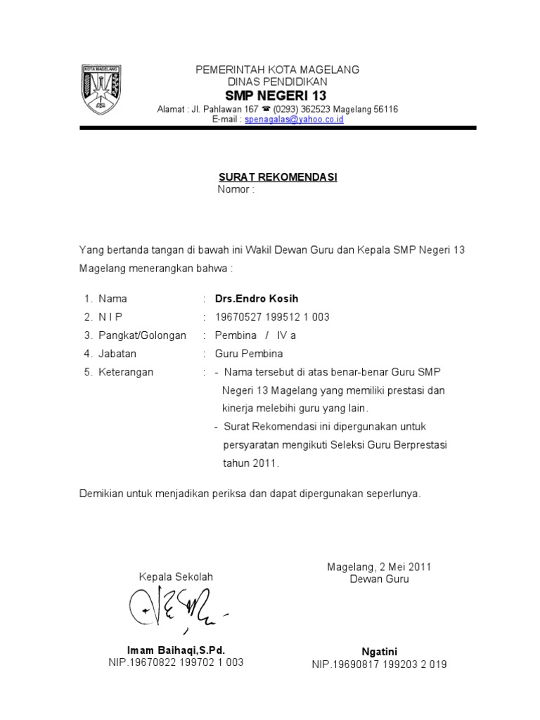 Contoh Surat Rekomendasi Kepala Sekolah Untuk Guru Kontrak Nusagates