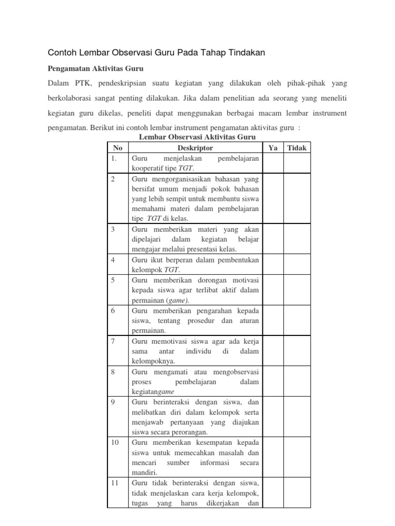 Contoh Lembar Observasi Guru Pada Tahap Tindakan | PDF