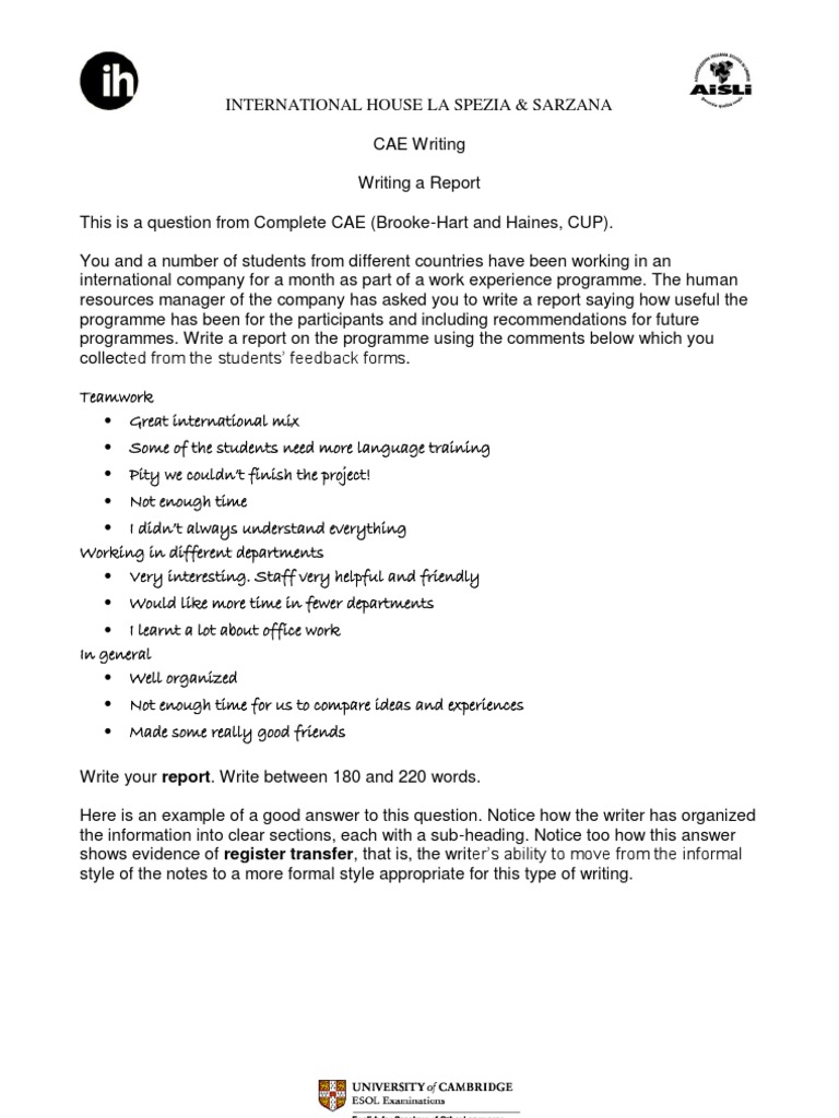 Cae Writing Report On A Work Experience Placement  PDF  Applied