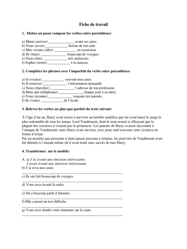 Plus Que Parfait Exercices à Imprimer Exercices Le Plus Que Parfait | PDF