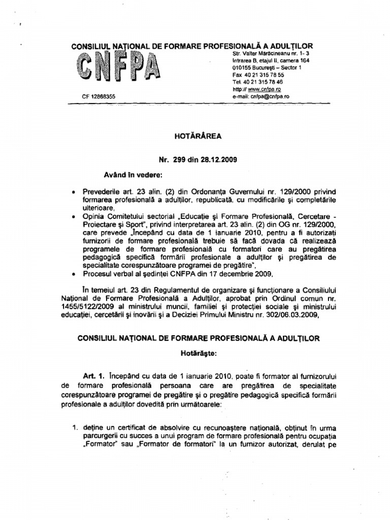 Hotararea 299 Din 28 Dec 2009