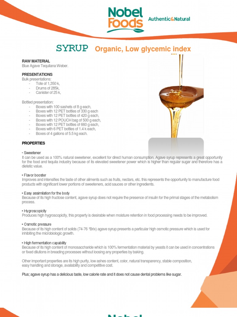 Organic Agave Syrup Technical Data Sheet PDF Fructose Sugar Substitute
