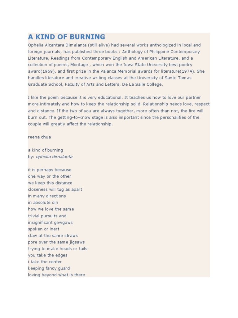 A Kind of Burning by Ophelia Dimalanta Writing Poetry