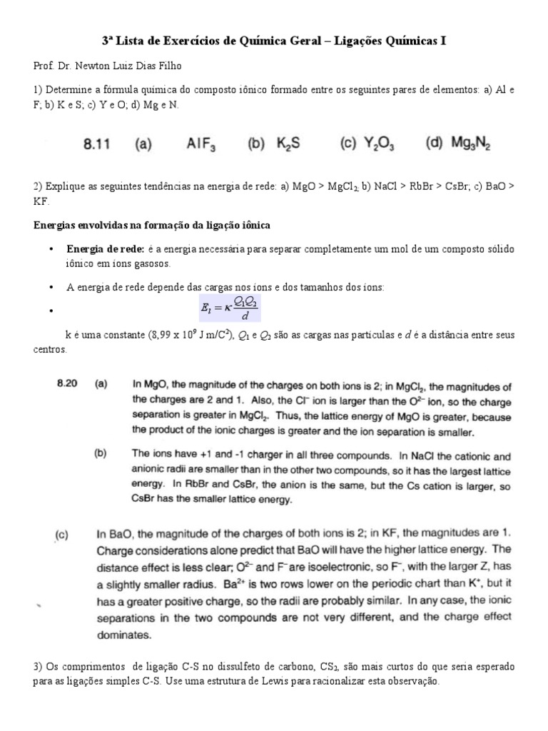 3 Lista de Exercícios de Química Geral (Com Respostas) - Ligaçoes ...