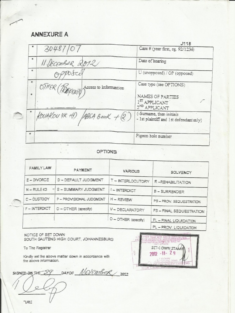 Notice of Set Down(o)