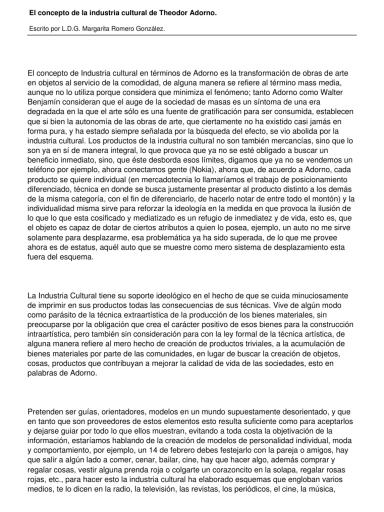 El Concepto de La Industria Cultural de Theodor Adorno PDF | PDF ...