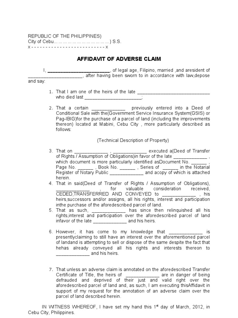 Affidavit of Adverse Claim Sample | PDF | Law