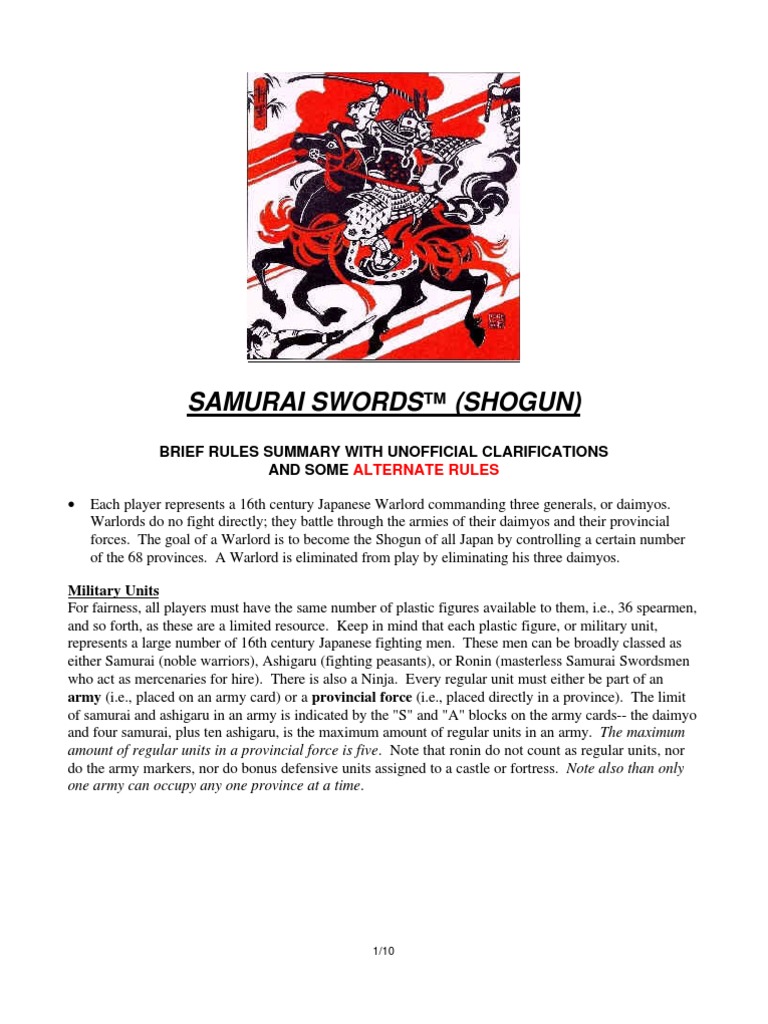Samurai Swords™ (Shogun) Brief Rules Summary With Unofficial