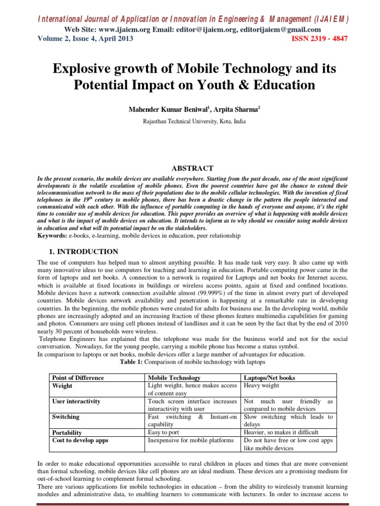 Explosive Growth of Mobile Technology and Its Potential Impact On Youth ...
