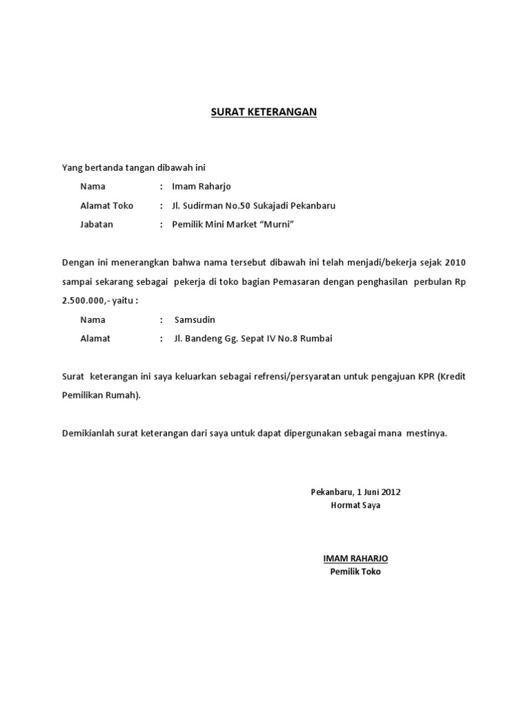 Contoh Surat Keterangan Perusahaan Untuk Kpr