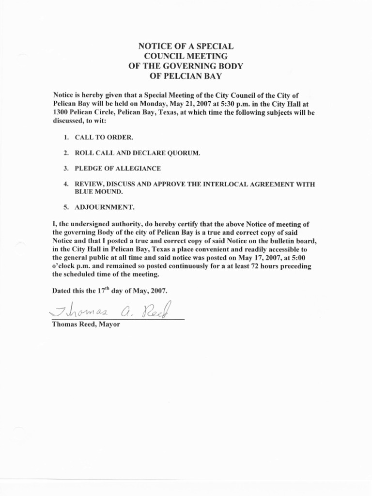 Pelican Bay City Council Meeting Notices | PDF | Quorum | Meetings