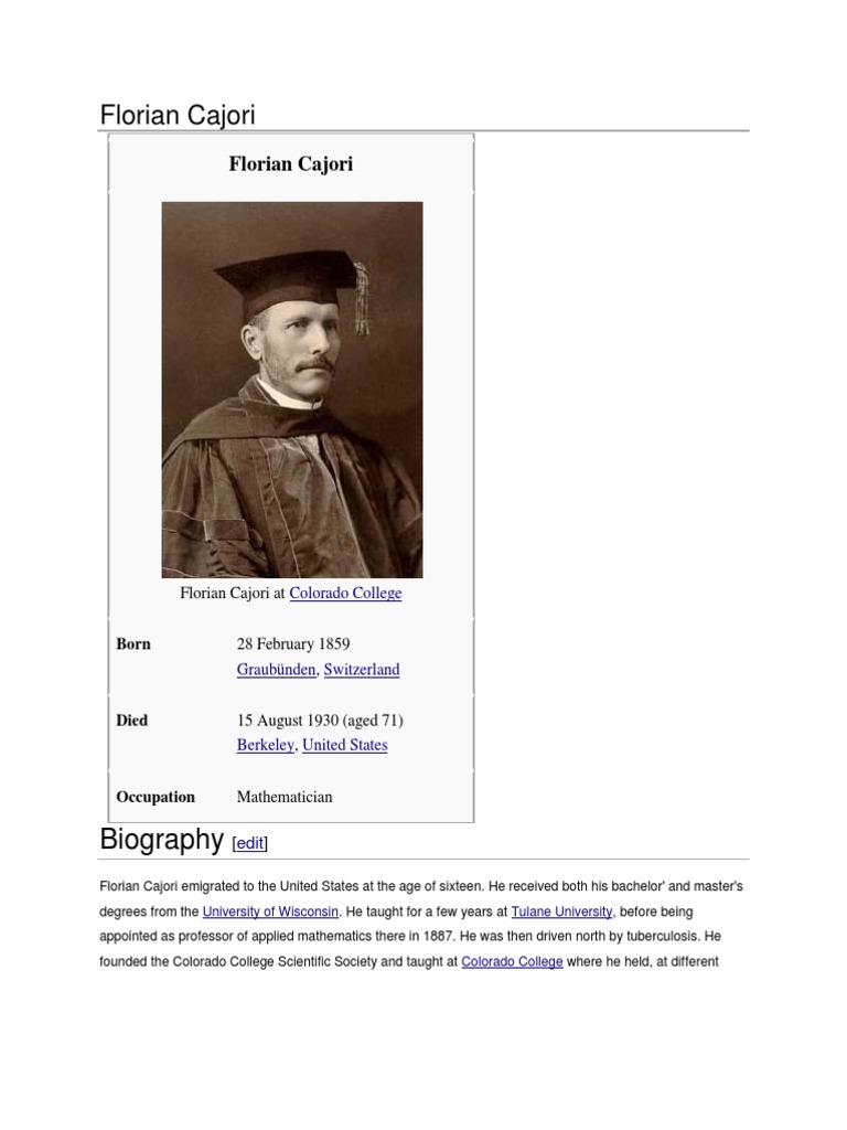 Florian Cajori: Biography | PDF | Teaching Mathematics | Science And ...