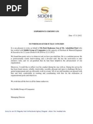 Experience Certificate