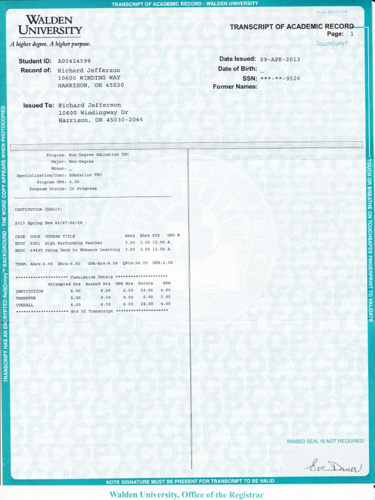RGJefferson Walden University Transcript Grading (Education