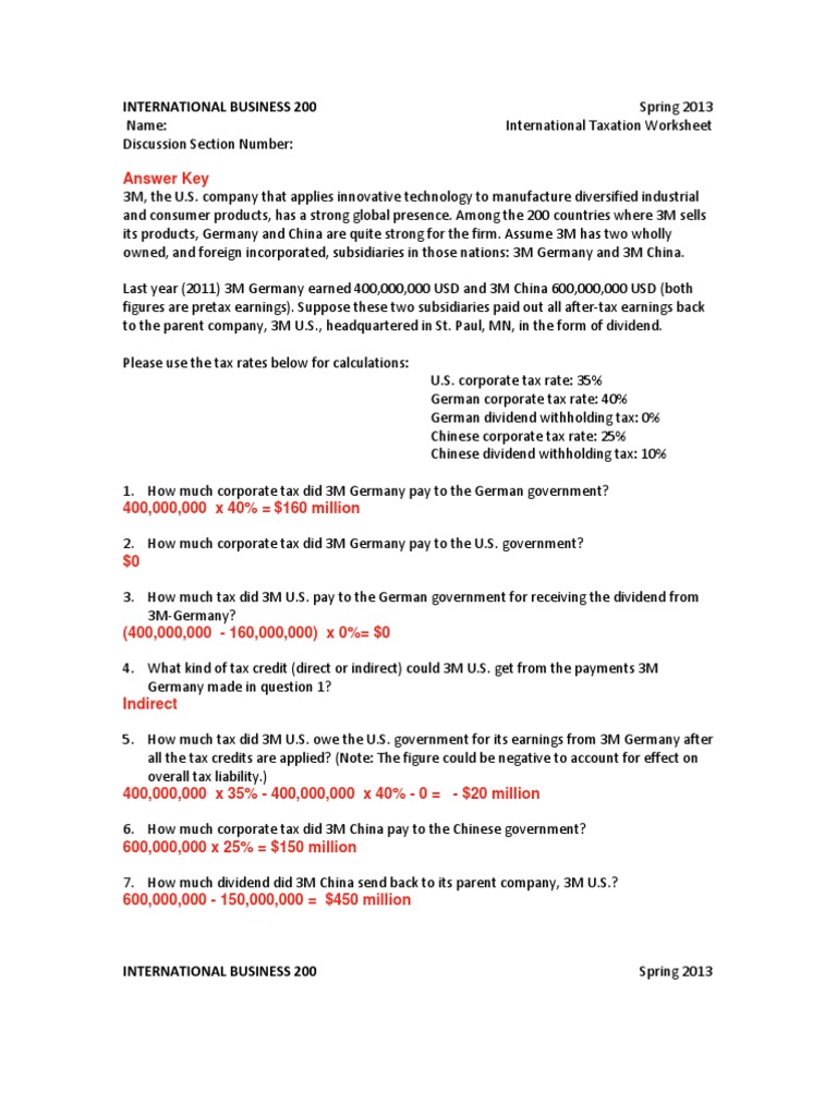 International Taxation Worksheet Answer Key PDF Corporate Tax Taxes