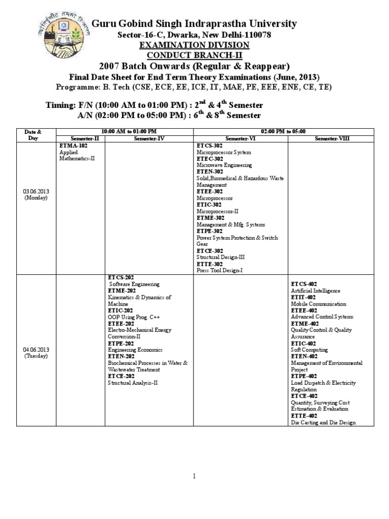 IPU B.Tech End Term Datesheet 2013 | PDF | Machines | Engineering