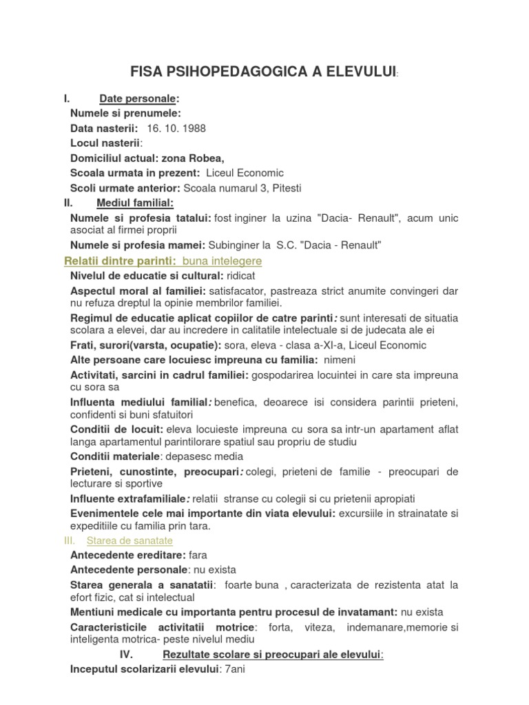 Fisa Psihopedagogica Completata