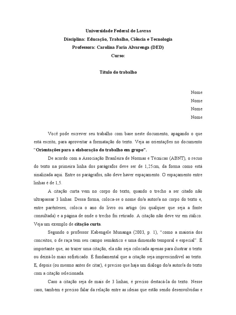 Modelo de Texto Para Escrita de Trabalho Academico (1) | Citação ...