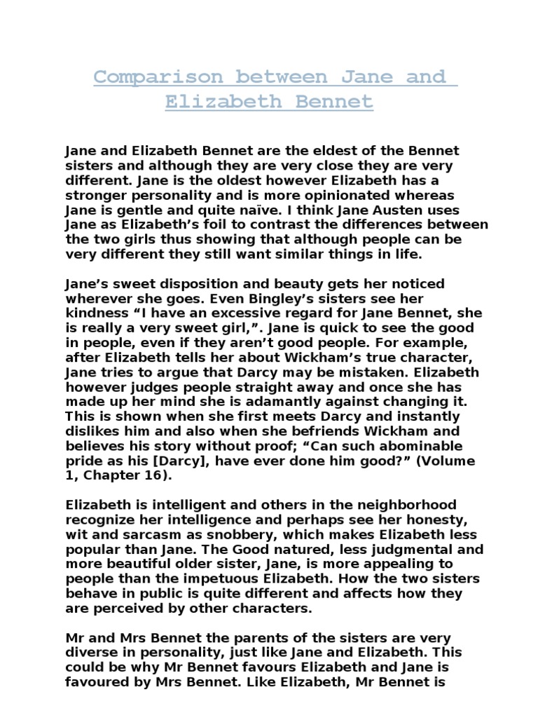 Comparison Between Jane and Elizabeth PDF Mr. Darcy
