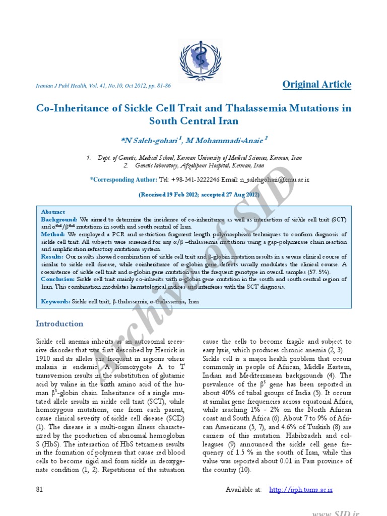 Sickle Cell Trait and Thalassemia in Iran | PDF | Sickle Cell Disease ...