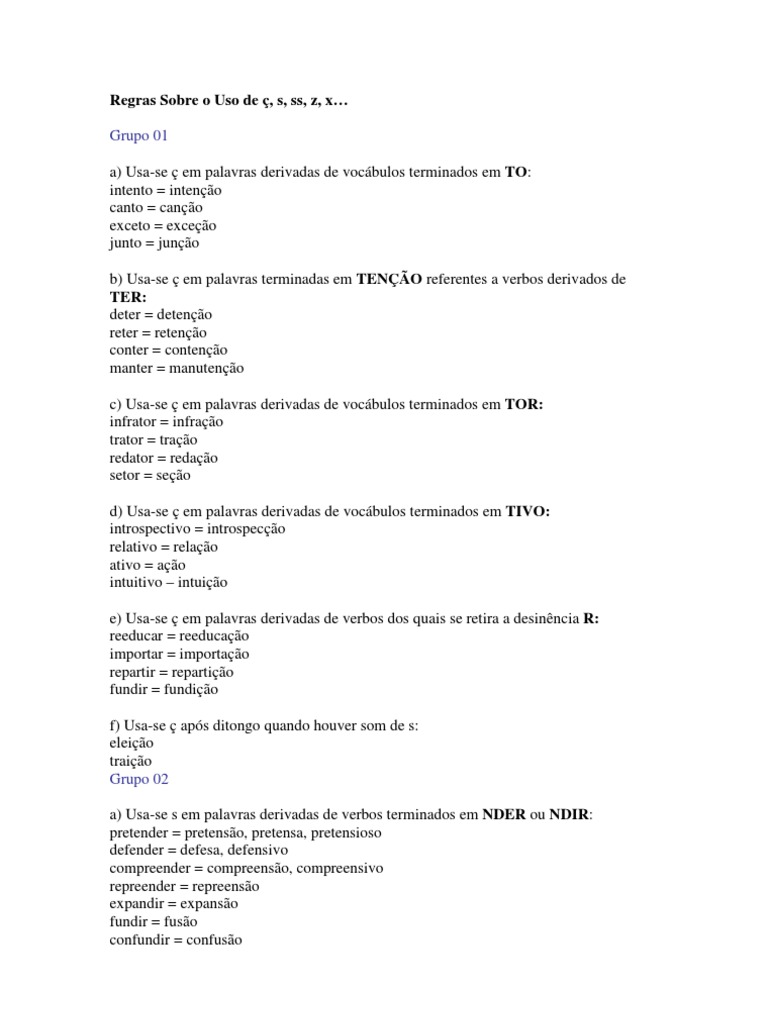 Regras Sobre O Uso De C S Ss Z X Tipologia Linguistica Gramatica