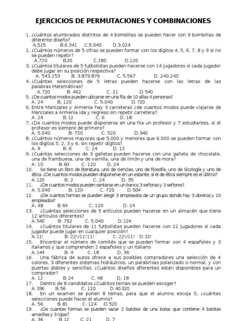 Ejercicios de Permutaciones y Combinaciones | PDF