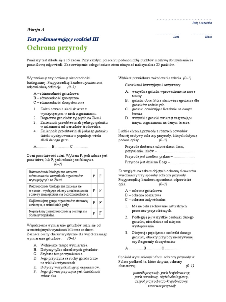 Test Biologia Klasa 5 Dział 3 Test Ochrona Przyrody