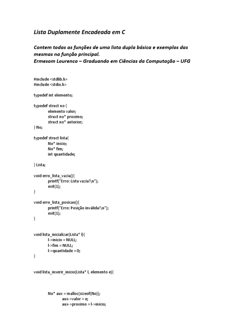 Implementação de Lista Duplamente Encadeada em C | PDF | Programação de ...