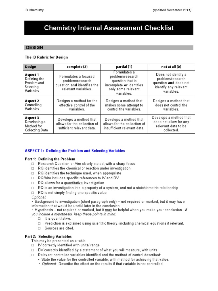 HL Chemistry IA Checklist Updated Dec 2011 Significant Figures Data
