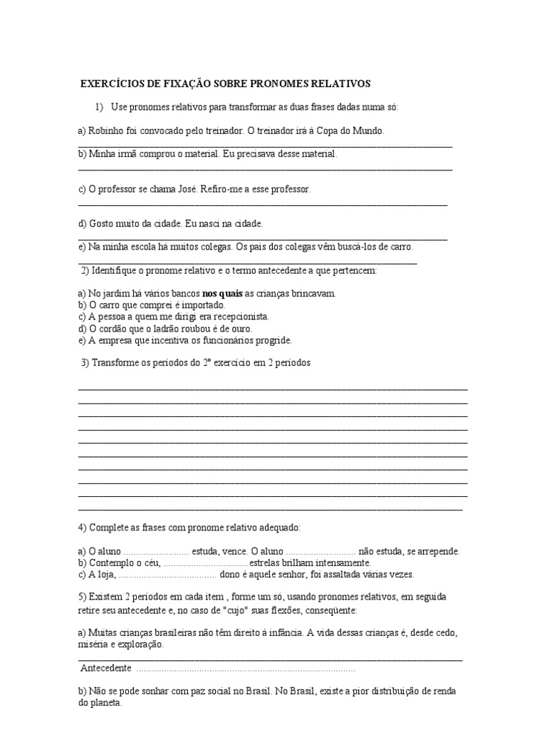 Exercícios Sobre Pronome Relativo 8o Ano Com Gabarito