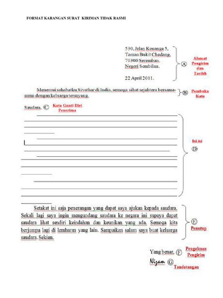Format Karangan Surat Kiriman Tidak Rasmi Pdf