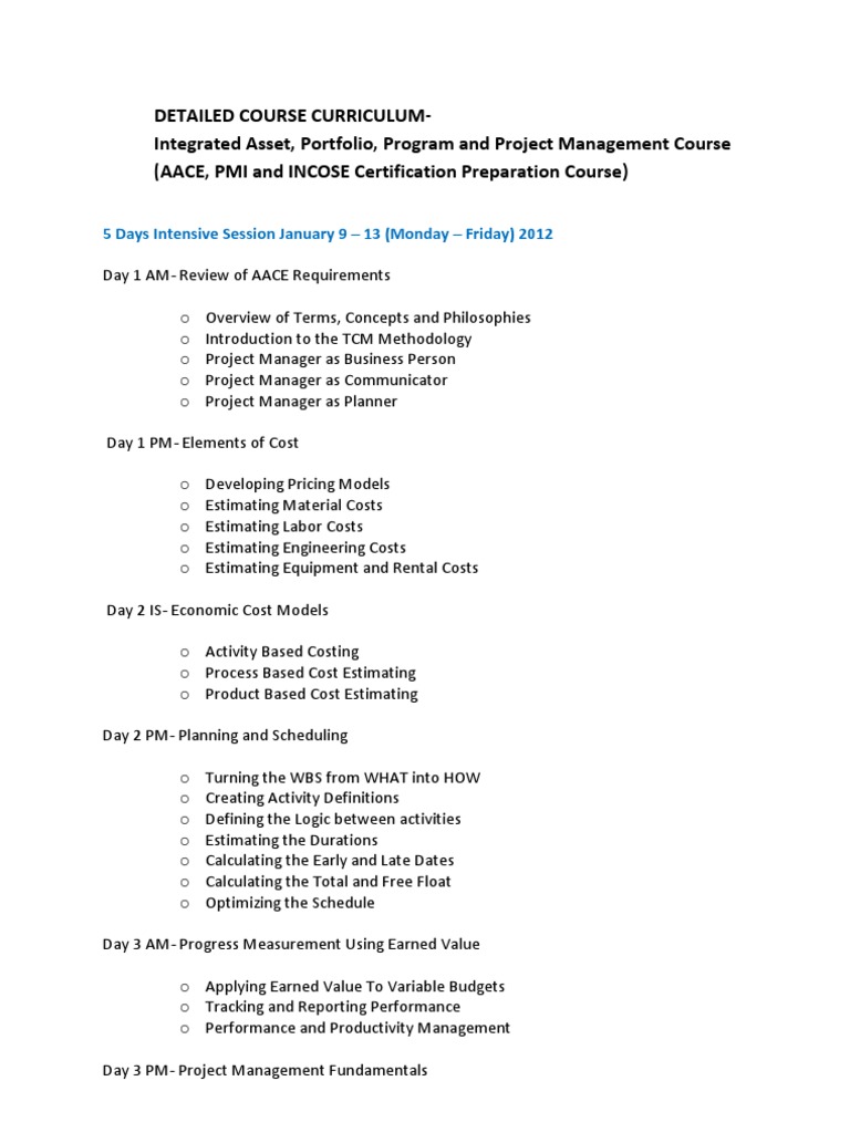 AACE Detailed Course Curriculum Jan 9-13,2012 | PDF | Project ...