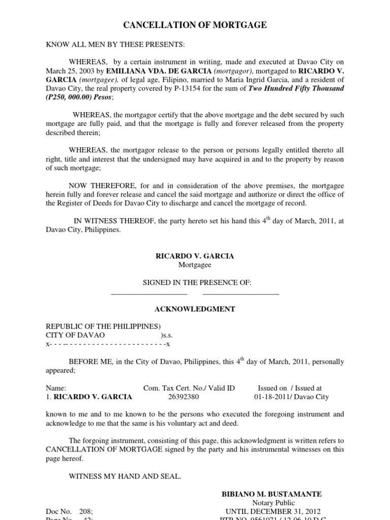 document of deed sample of Cancellation Mortgage Sample document of deed sample of Cancellation Mortgage Sample
