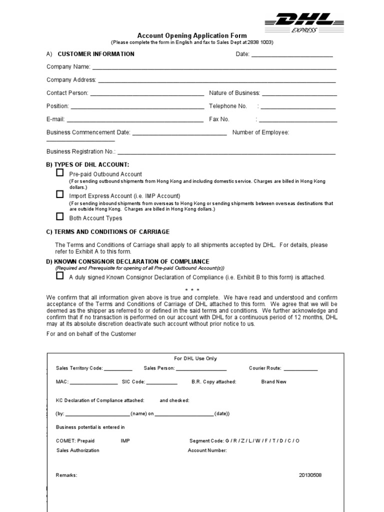 DHL Account Opening Application Form | PDF | Dangerous Goods | Customs
