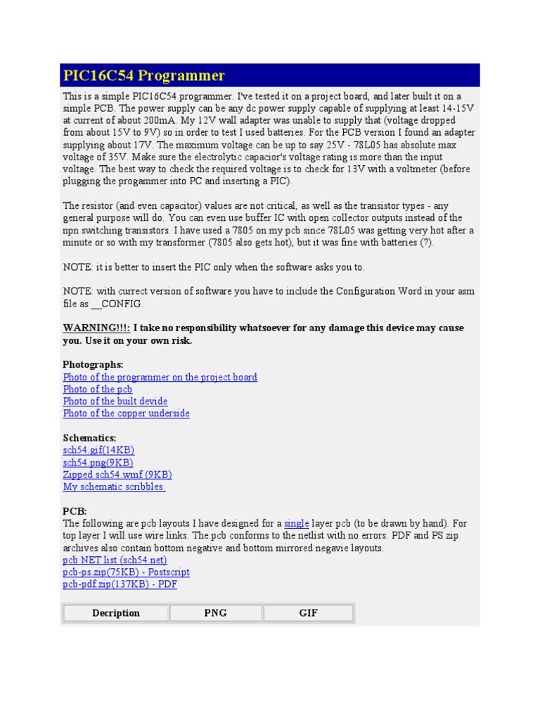 PIC16C54 Programmer | PDF | Power Supply | Capacitor