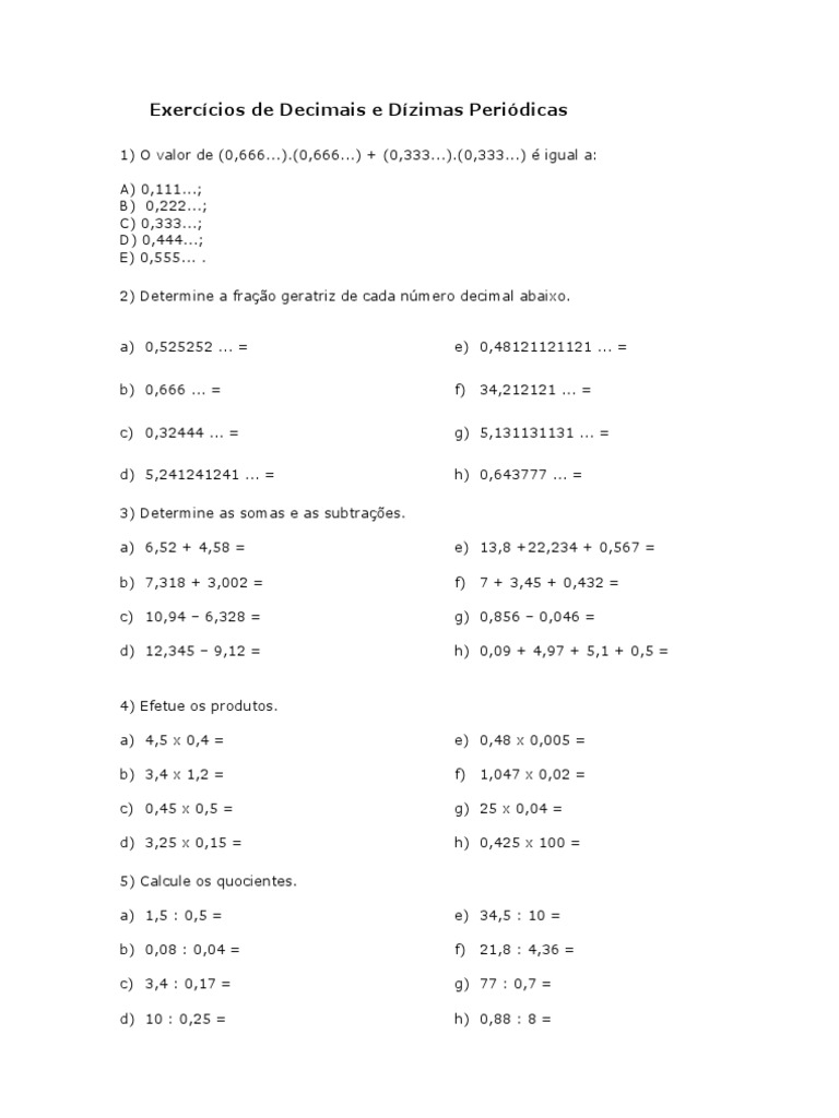 Exercícios de Decimais e Dízimas Periódicas Polyana | PDF