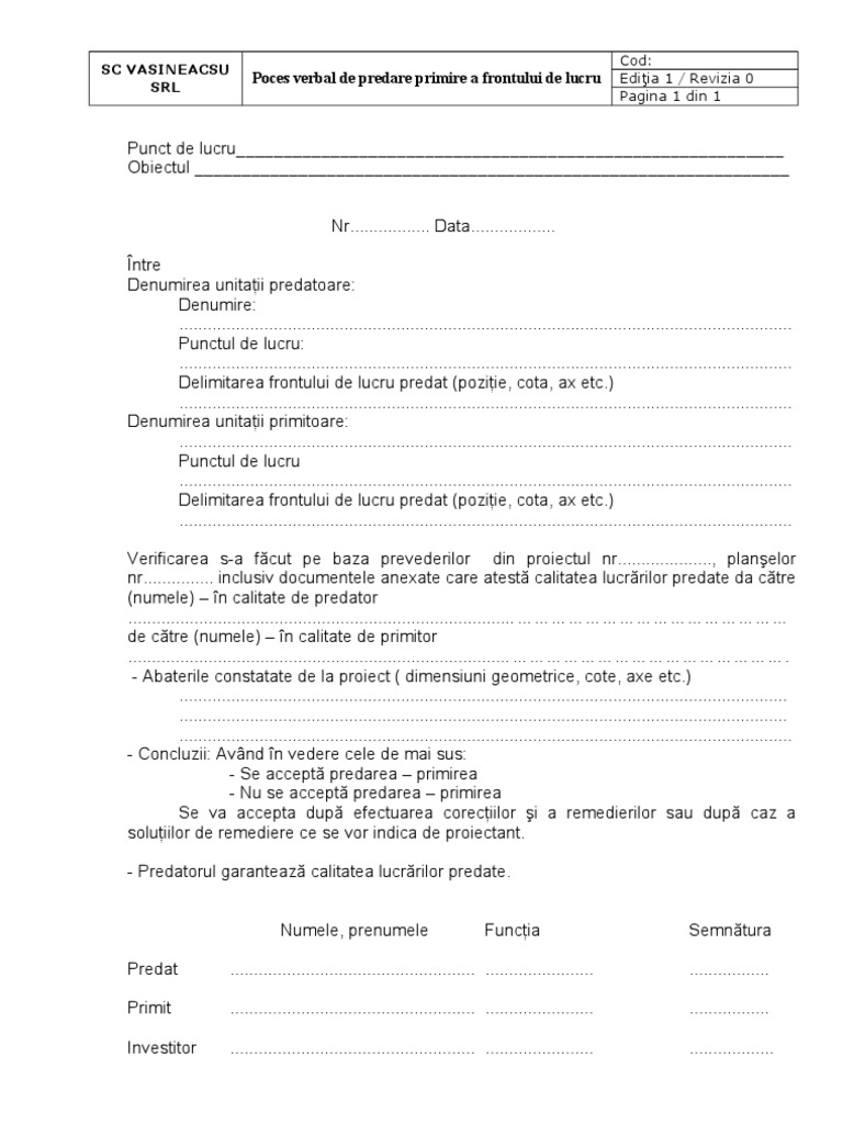 F-05-03 Proces Verbal de Predare-Primire A Frontului de Lucru | PDF