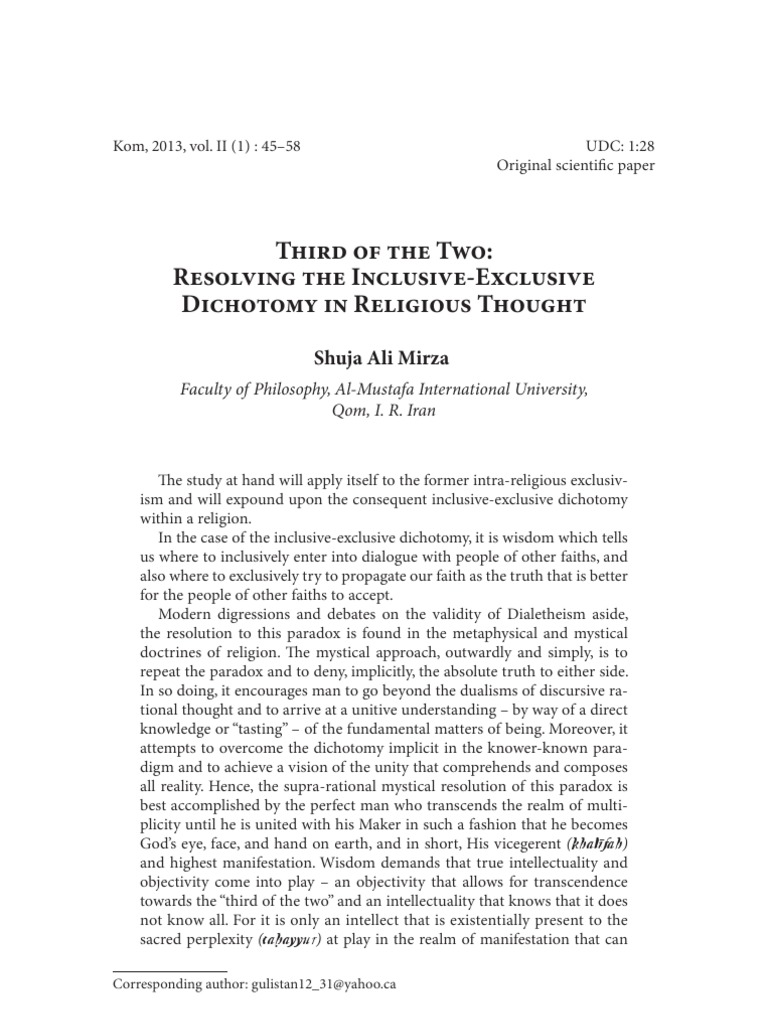 Shuja Ali Mirza Third of the Two Resolving the Inclusive Exclusive Dichotomy in Religious Thought Absolute Philosophy