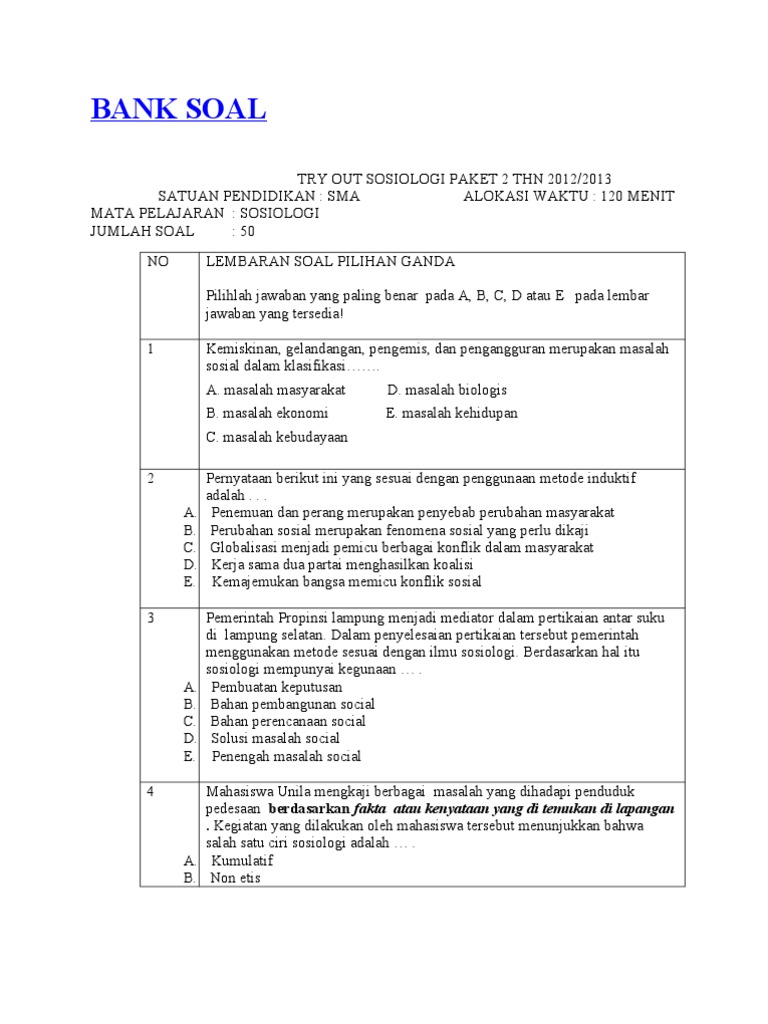 Bank Soal Sosiologi
