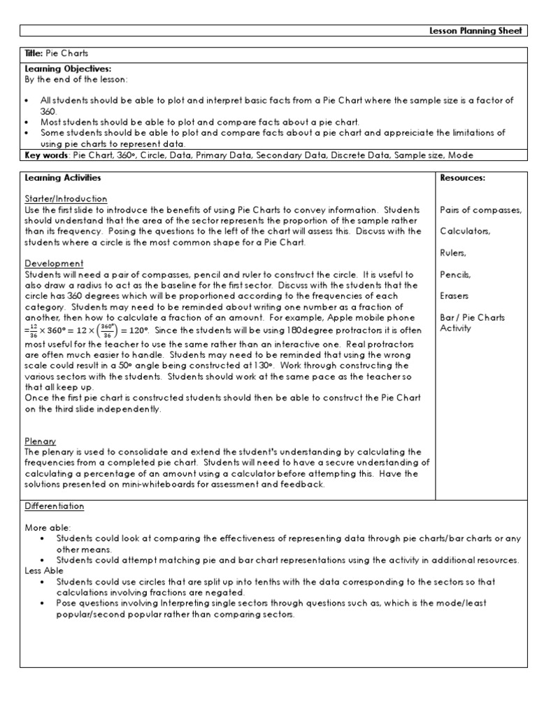 Lesson Plan Pie Charts PDF Pie Chart Lesson Plan